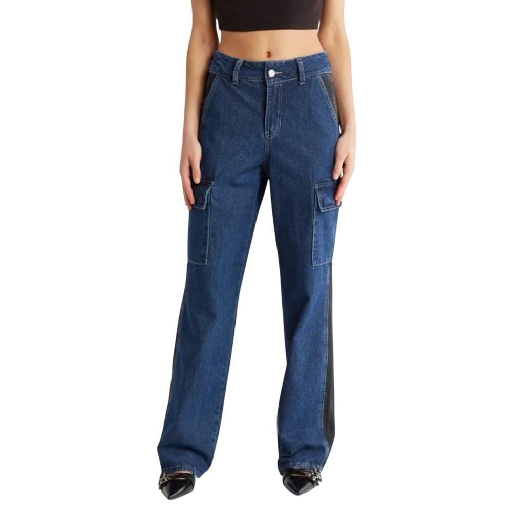Women's Baggy Cargo Jeans 26 Navy w/ Black Side Panel Dark Wash Granola Gorpcore